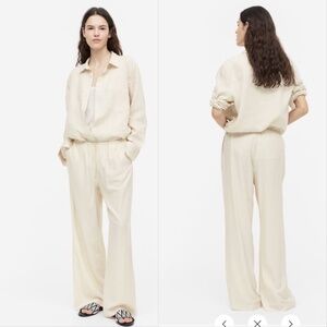 H&M Womens Wide Leg Drawstring Pants in Cream- NWT